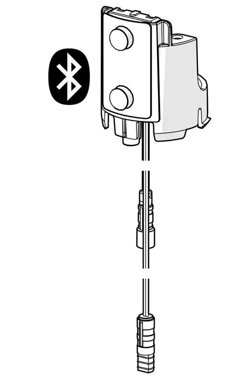 Bluetooth-fähiger Sensor von HANSA mit integrierten Bedienelementen und Kabelanschluss, dargestellt in schematischer Zeichnung.